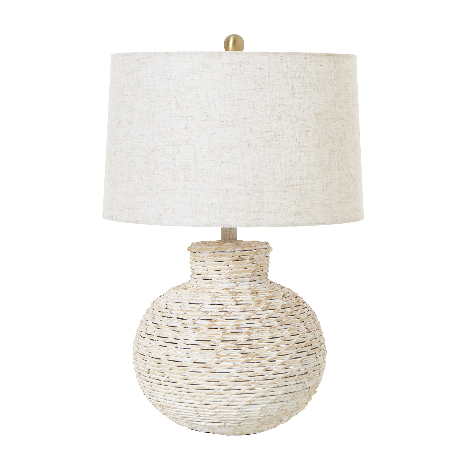 White Wash Bulbous Wicker Table Lamp With Linen Shade - Skandi London