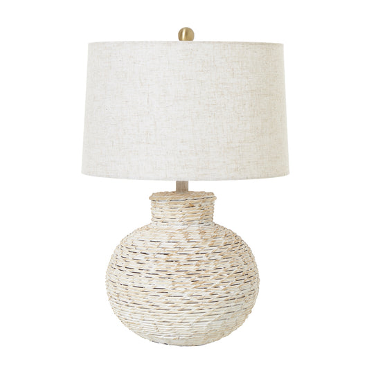 White Wash Bulbous Wicker Table Lamp With Linen Shade - Skandi London