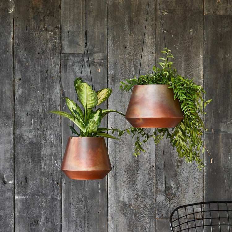 Indoor Soho Aged Copper Hanging Planter with Leather Strap H15Cm D21Cm - Skandi London