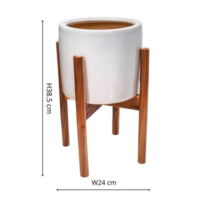 Anzio Stone White Planter with Wooden Stand H38.5Cm D24Cm ( New Embossed Logo) - Skandi London