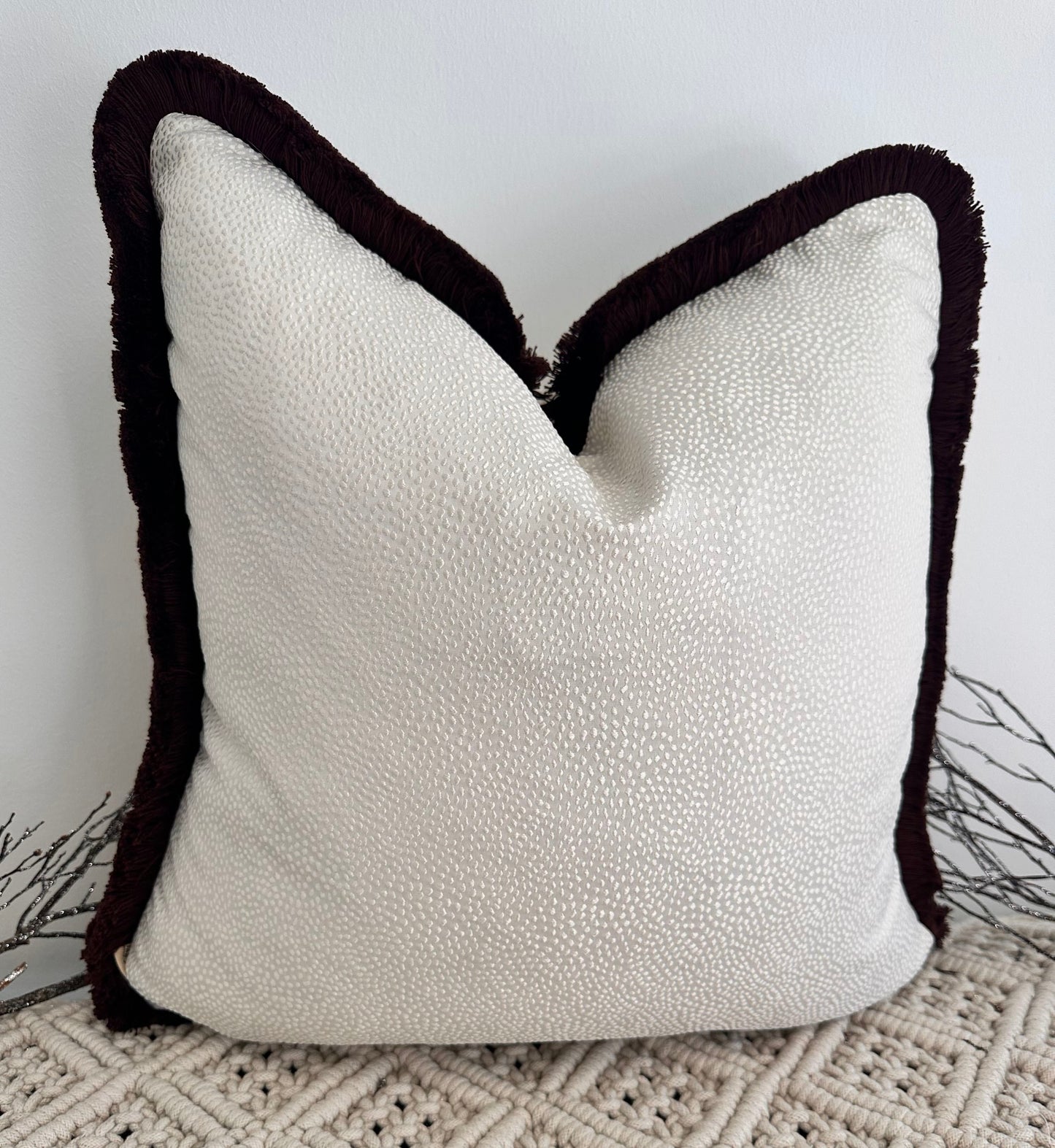 The Couture Cushion - The Ivory Borboletta Fringed in Mocha - Style No. 182